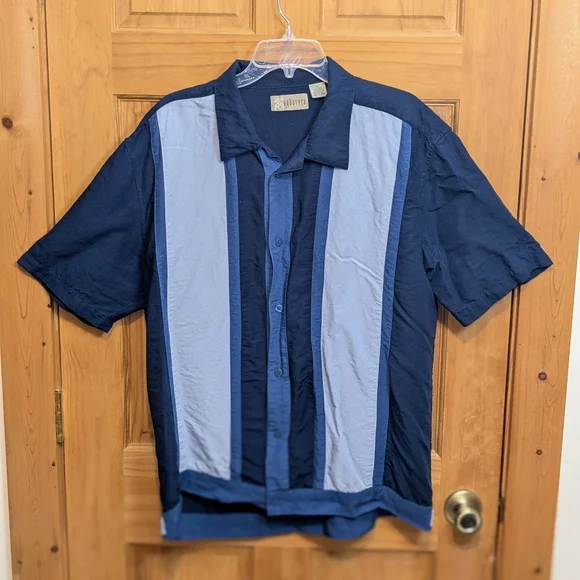 Cubavera Men's XL Shirt Striped Button Up Short Sleeve Camp Cuban Blue Linen - Picture 2 of 8